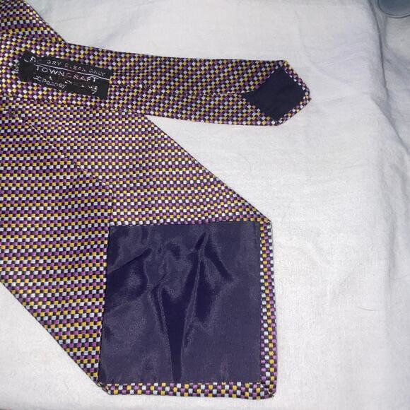 Vtg Towncraft Necktie Purple Yellow Mini Check Woven Trevira 57 x 4 90s Suit - Picture 6 of 7